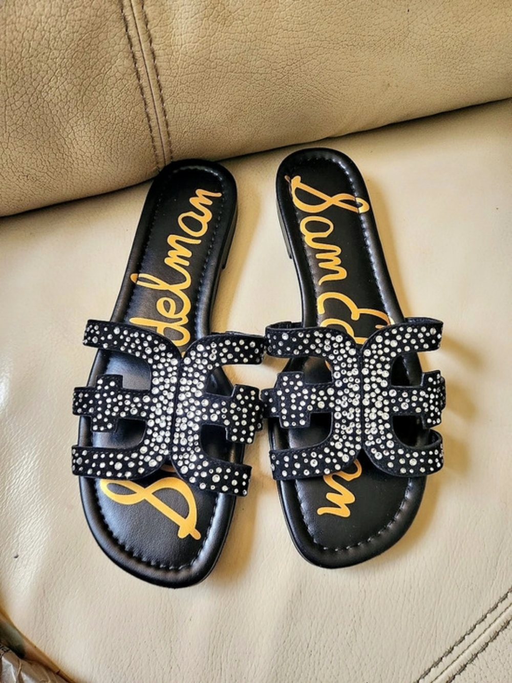 Sam Edelman Bay Gem Flat Sandal Rhinestone Slides Black US 9